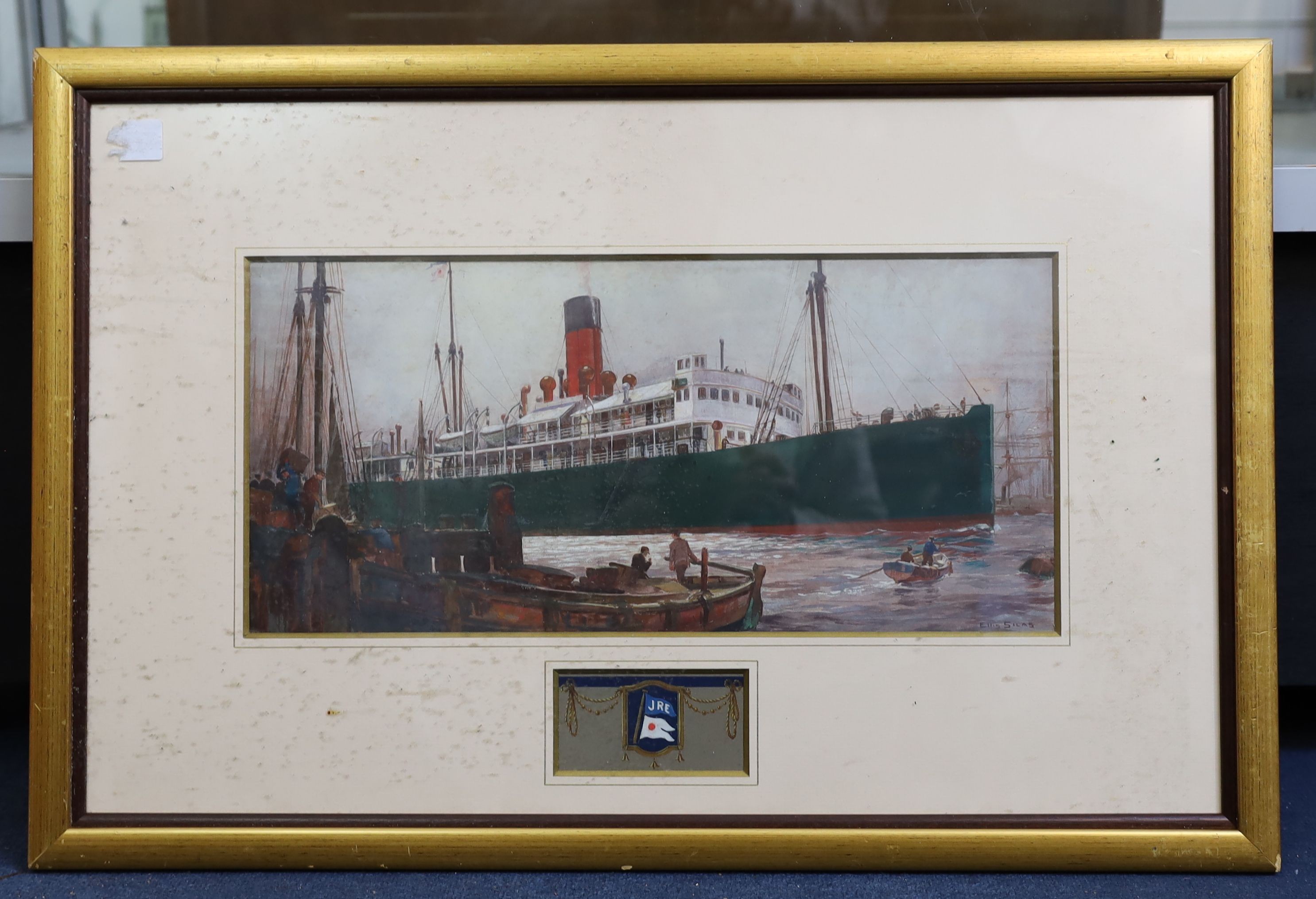 Ellis Silas (1885-1972), Liner entering harbour with remarque sketch of a coat of arms initialled JRE, gouache and watercolour, 23 x 49cm
